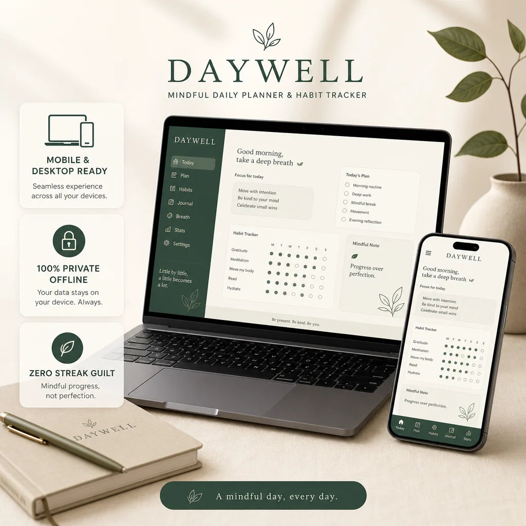 DAYWELL Mindful Daily Planner - Mobile and Desktop Device Mockup